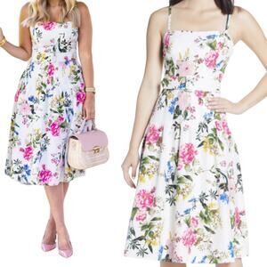 Eliza J Floral Print Midi Dress Belted Taffeta Fit & Flare White Pink Womens 2